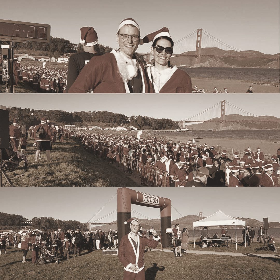A three-panel collage: two runners in santa suits by the water, a sea of santas at the start, and a finisher waving under the arch, the Golden Gate Bridge behind, in a warm-toned photograph.
