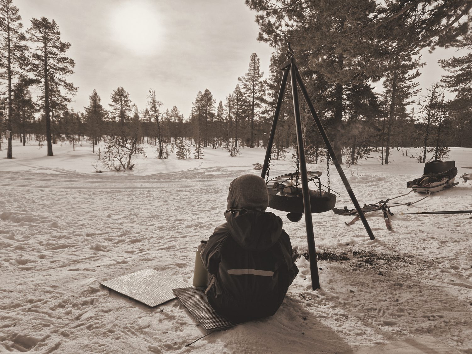 A lone figure by a campfire on a vast snowfield ringed by pines, a sled at the edge, warm-toned.